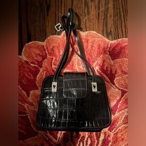 Cute Vintage Black Leather Purse with Silver Heart Hardware